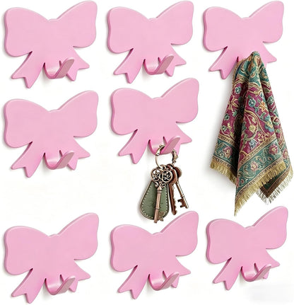 Cute Bow Knot Wall Hook, 8-Pack Light Pink Adhesive Hooks, Small Decorative Accessories, Stainless Steel Rack, Decor Hangers for Hanging Purse, Keys, Bags, Hats, Towels, Clothes