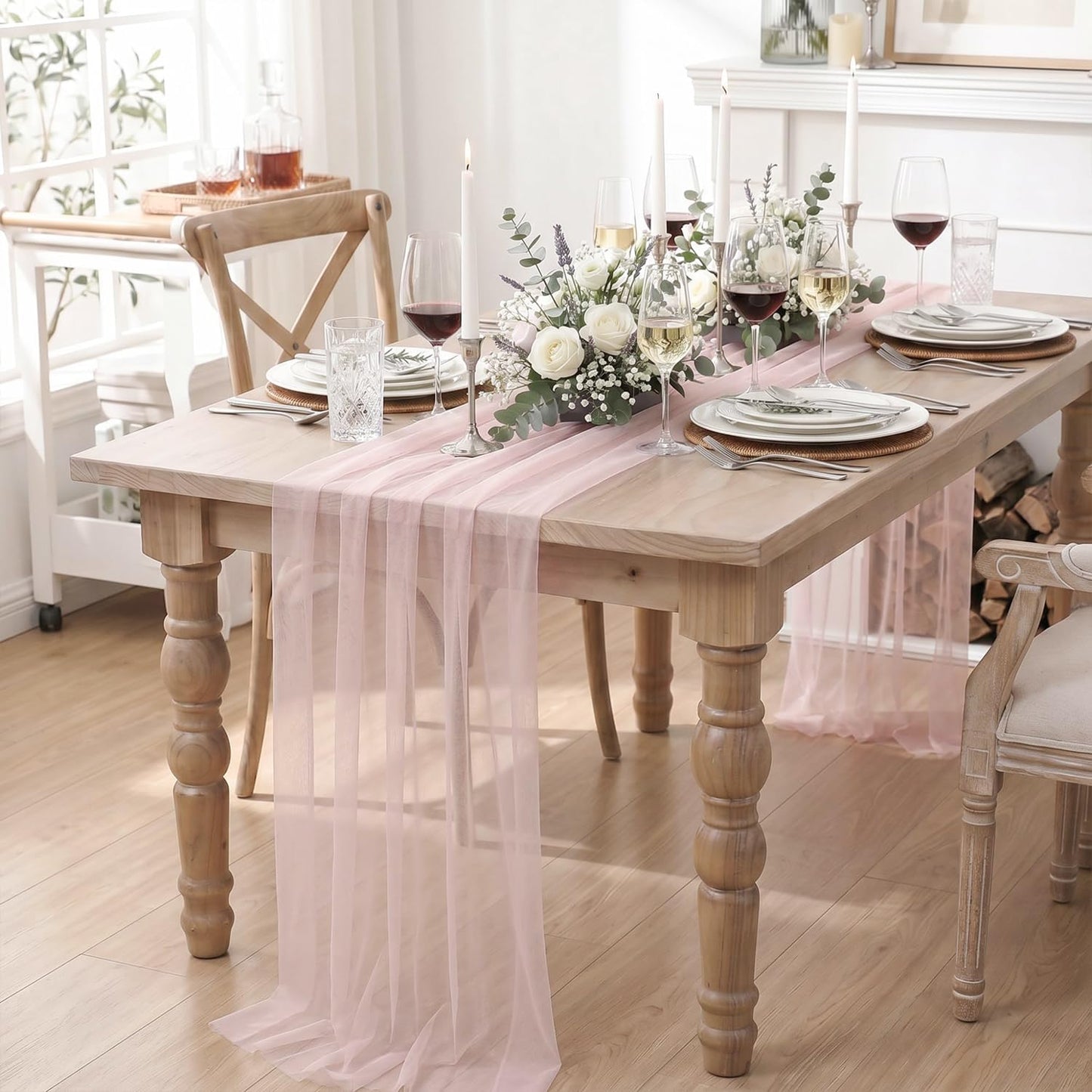 Artoid Mode 6Pcs Blushing Pink Gauze Table Runner 28x120Inch, Seasonal Sheer Kitchen Dining Holiday Wedding Birthday Baby Shower Table Decor for Home Party
