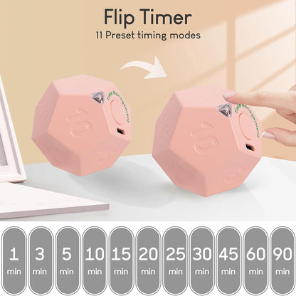 Mini 12 Sided Cube Timer, 11 Preset Times Pomodoro Timer for Enhanced Productivity. Ideal for ADHD Management, Workout, Study & Kitchen Cooking. Easy to Use (Pink)