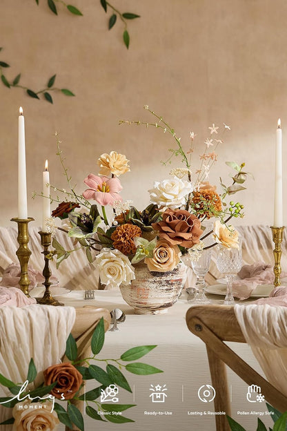 Ling's moment Fake Flowers Box, Faux Artificial Greenery Stems Foam Roses Dahlia Gardenia Tulip Silk Carnation Fabic Flower for Centerpieces Bouquet Wedding Vase, Apricot & Peach, Deluxe Combo