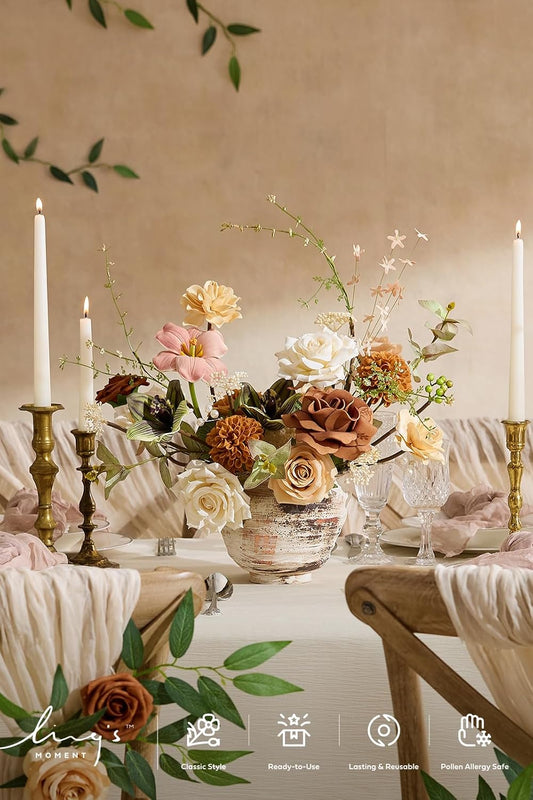 Ling's moment Fake Flowers Box, Faux Artificial Greenery Stems Foam Roses Dahlia Gardenia Tulip Silk Carnation Fabic Flower for Centerpieces Bouquet Wedding Vase, Apricot & Peach, Deluxe Combo