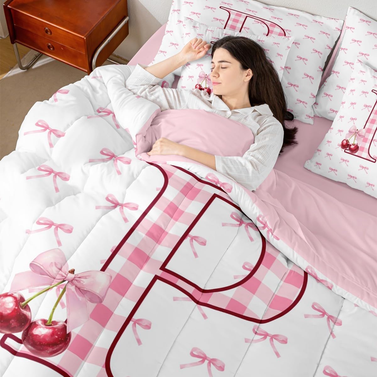 Erosebridal Initial P Letter Bowknot Bed in A Bag Queen 7 Piece Pink Bow Tie Cherry Comforter Set Princess Coquette Decor Bedding Sets for Kids Girls Ribbon Buffalo Checkered Sheet Set with Comforter