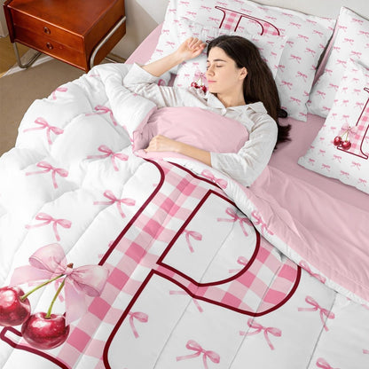 Erosebridal Initial P Letter Bowknot Bed in A Bag Queen 7 Piece Pink Bow Tie Cherry Comforter Set Princess Coquette Decor Bedding Sets for Kids Girls Ribbon Buffalo Checkered Sheet Set with Comforter
