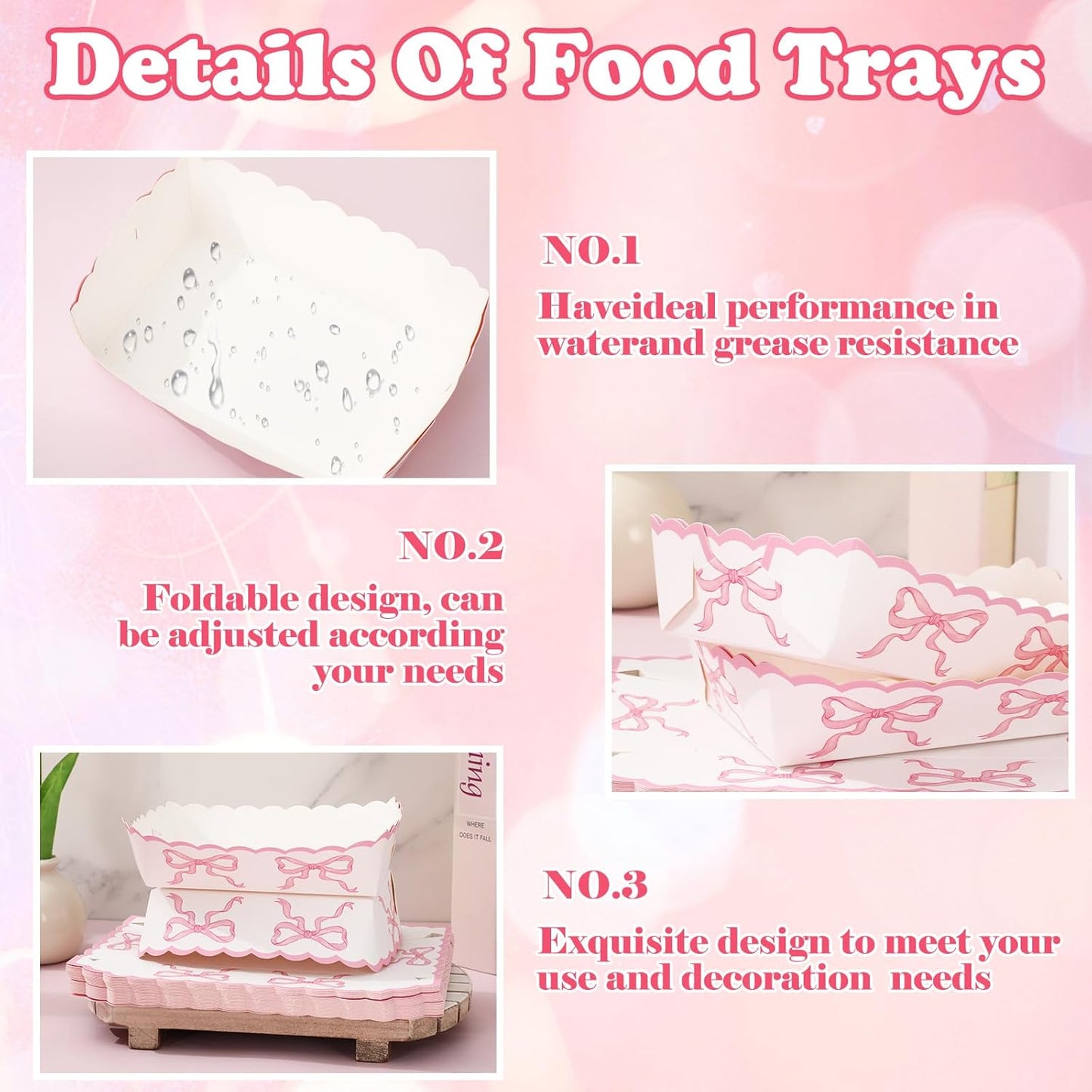 FYSUIMU 60 Pcs Pink Bow Paper Food Trays Watercolor Coquette Bowknot Food Boats Scalloped Disposable Serving Trays for Birthday Baby Shower Bachelorette Party Supplies