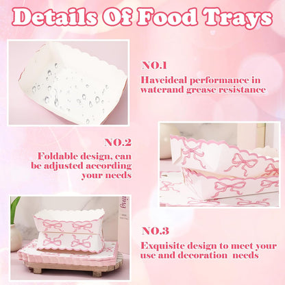 FYSUIMU 60 Pcs Pink Bow Paper Food Trays Watercolor Coquette Bowknot Food Boats Scalloped Disposable Serving Trays for Birthday Baby Shower Bachelorette Party Supplies