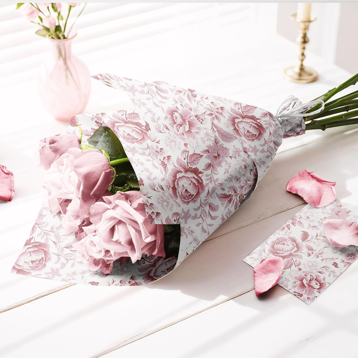 LaRibbons Pink Floral Wrapping Paper - Mini Roll, Reversible Chinoiserise Peony Flower & Striped Gift Wrap for Bridal Shower, Valentine's Day, Baby Shower, Wedding & Mother's Day, 17 Inch x 33 Feet