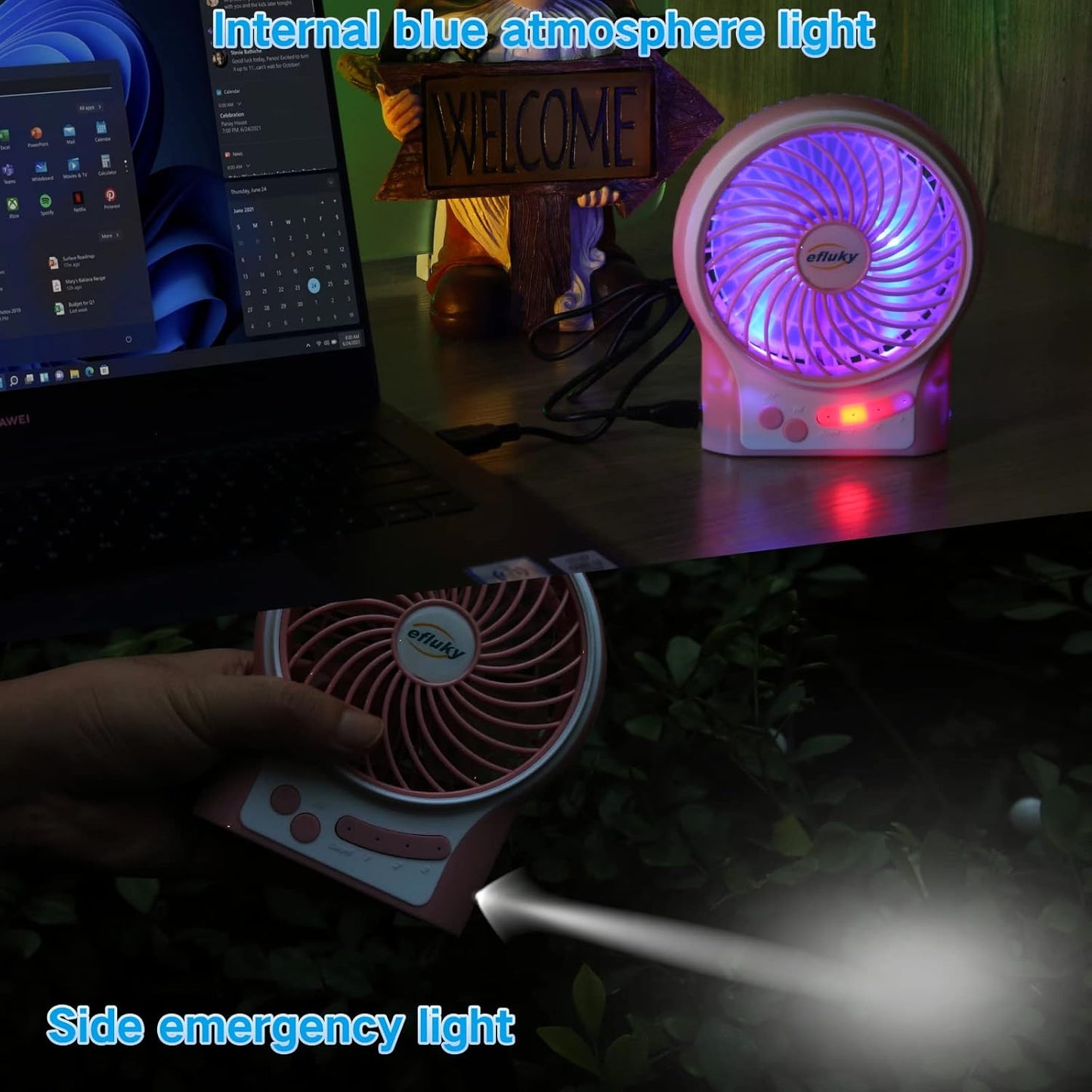 efluky 3-Speed Mini Desk Fan with LED Light, Portable USB Fan Quiet for Home, Office, Travel, Camping, Outdoor, Indoor, 4.9-Inch, Pink