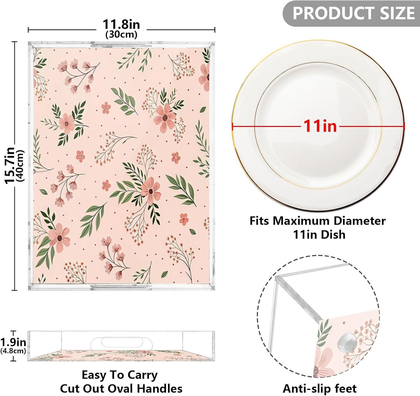Elegant Flowers Pink Serving Tray 12" x 16" Acrylic Trays with Handles Decorative Serving Platter for Coffee, Breakfast in Bed, Dinner, Appetizers, Patio, Party