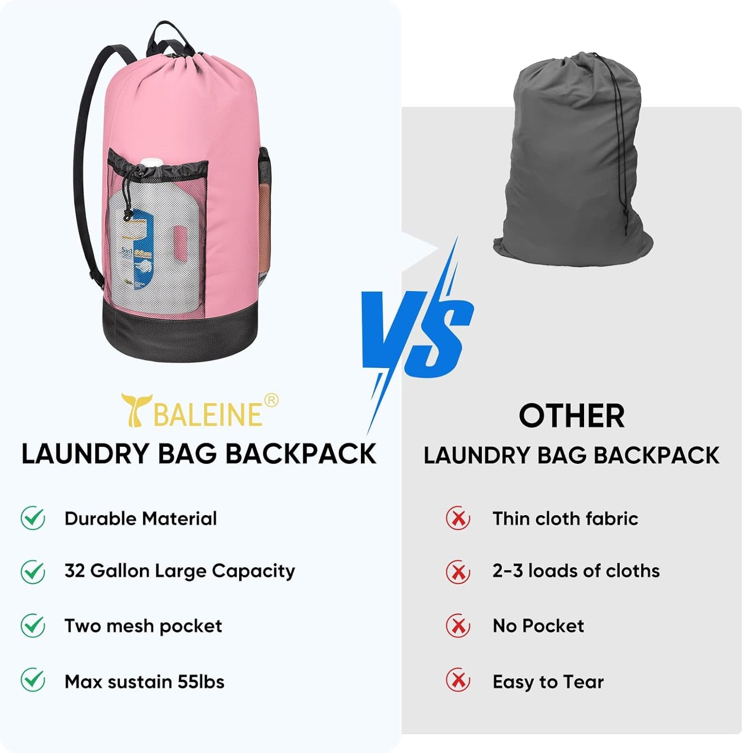 BALEINE 2PK 120L Laundry Bag Backpack, 900D Oxford Fabric Large Travel Laundry Bags with Shoulder Straps and 2 Mesh Pockets for College Dorm, Apartment, Laundromat (Pink, 120L)