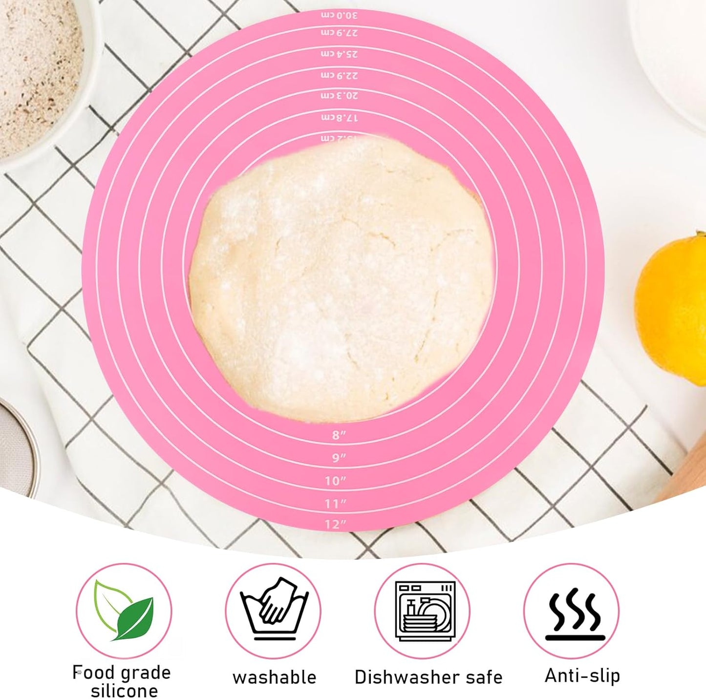 2Pcs 12" Silicone Cake Mat Pink Round Baking Mat Non Slip Cakes Turntable Mats with Measurements Reusable Turntable Pastry Mats for Rolling Out Dough Cake Pizza and Cookies