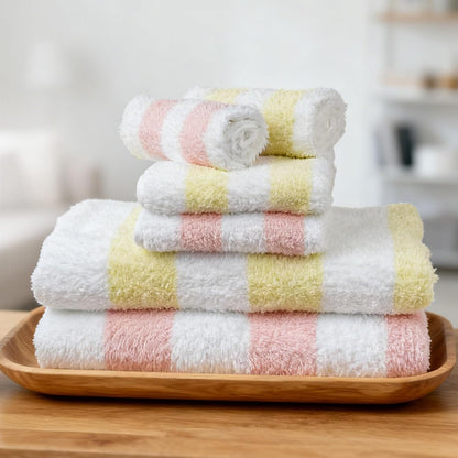 Vie Triomphe Soft Luxury 6 Piece Towel Sets, 2 Bath Towels 2 Hand Towel 2 Washcloths,100% Cotton Towels for Bathroom, Pink Striped and Yellow Striped, 6-Piece Towel Set;