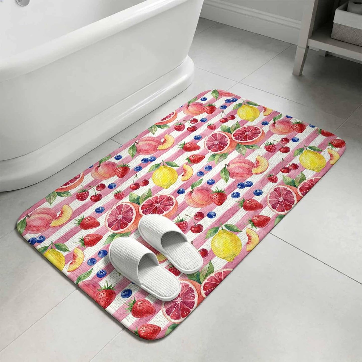 Summer Peach Lemon Grapefruit Doormat 20"x31",Absorbent Front Door Mat Non Slip Welcome Mat, Blueberry Strawberry Pink Stripe Indoor Mats Entryway Rug for Bedroom Kitchen Bathroom