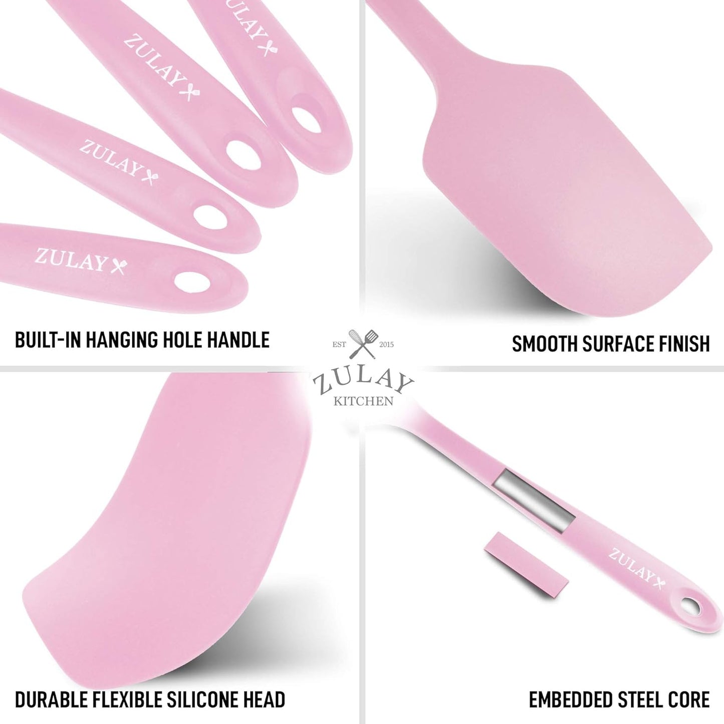 Zulay 4pcs Silicone Spatula Set - Heat Resistant Silicone Tools for Cooking, Baking & Mixing - One Piece Design Spatulas for Non-Stick Cookware - Durable Stainless Steel Core (Pink)