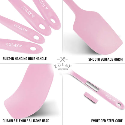 Zulay 4pcs Silicone Spatula Set - Heat Resistant Silicone Tools for Cooking, Baking & Mixing - One Piece Design Spatulas for Non-Stick Cookware - Durable Stainless Steel Core (Pink)