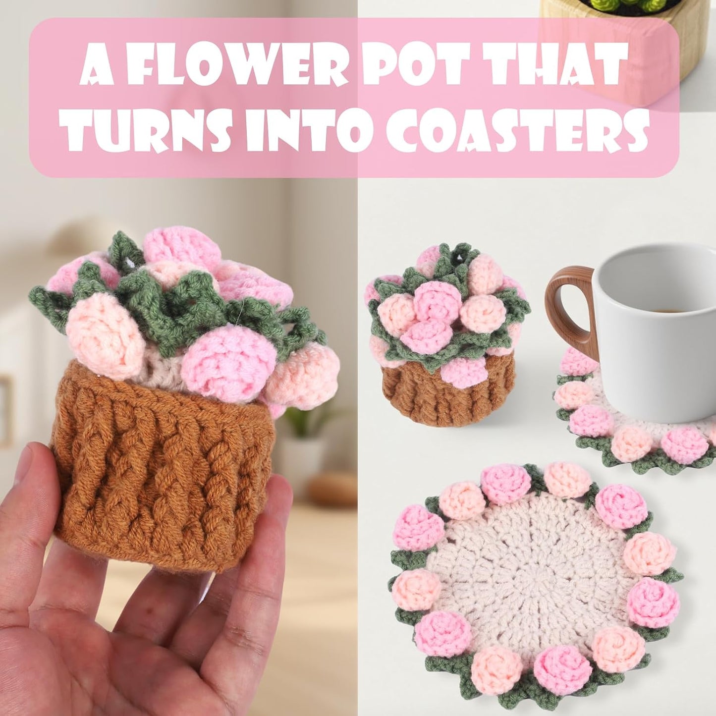 Handmade Crochet Coaster Set with Mini Basket -Boho Floral Coasters for Coffee Table, Wedding Gift, Housewarming, Birthday Vintage Rose Design (Pink)