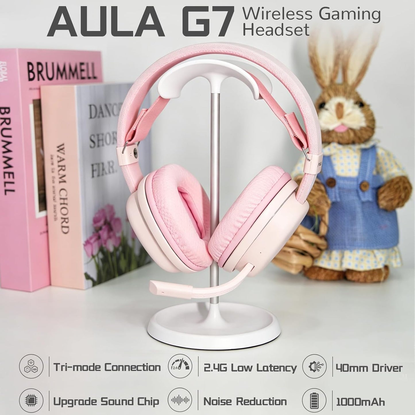 Aula G7 Wireless Gaming Headset, Surround Sound 10ms Low Latency, PC Headset with Detachable Noise Canceling Mic, 40mm Driver, Tri-Mode 2.4G/BT5.2/Wired 3.5mm, Over Ear Headphone for PS5, PS4, Switch