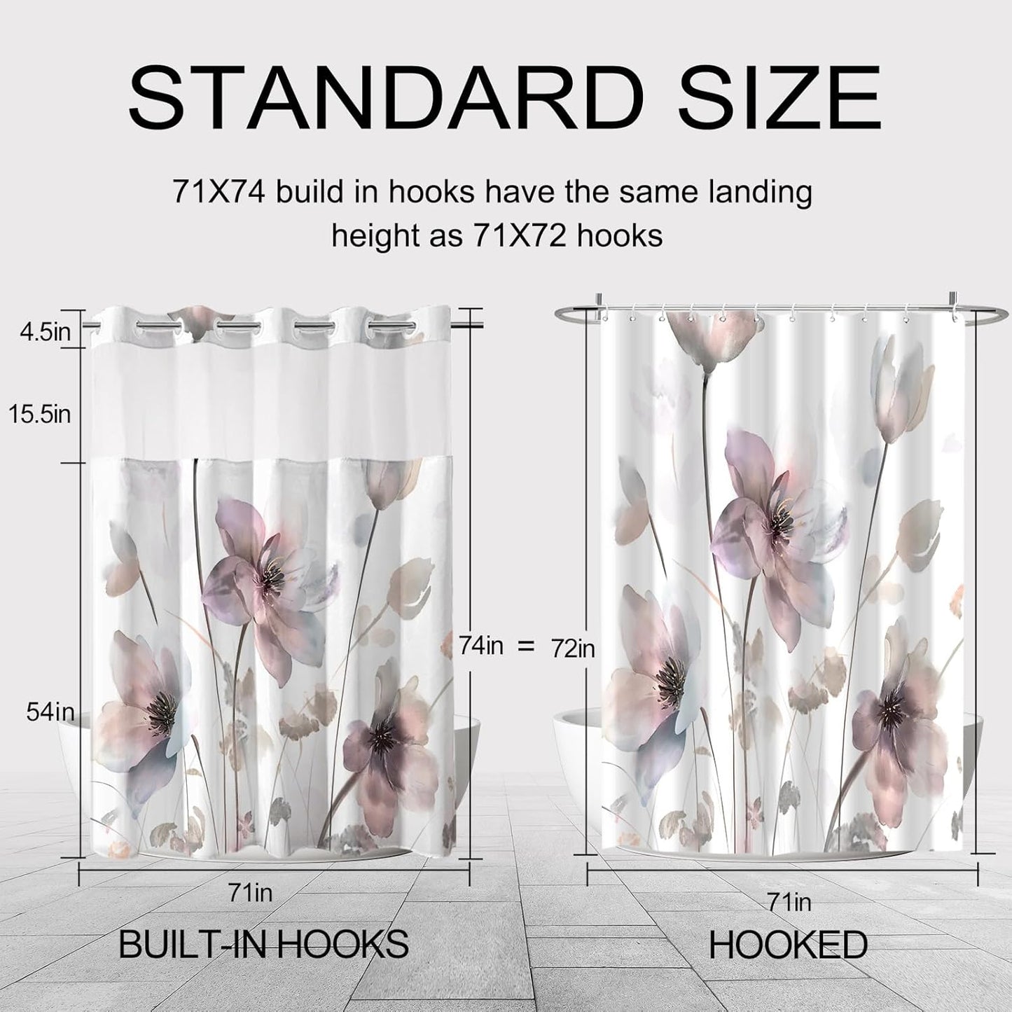 No Hook Shower Curtain and Liner Set, Pink Boho Floral Shower Curtains for Bathroom, Watercolor Flower Waterproof Bathroom Curtain Sets with Snap in Liner, 71x74 Inch