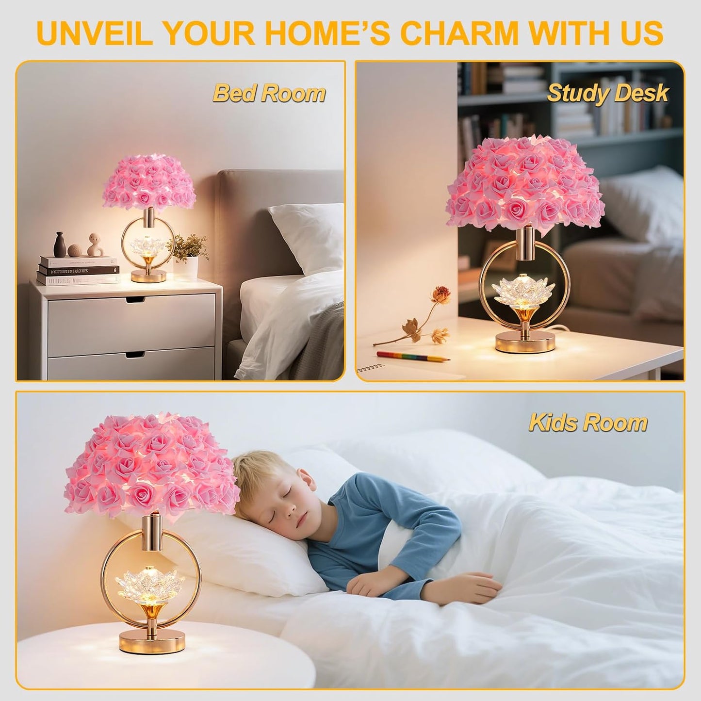 ZYLEISENBAO Modern Pink Flower Table Lamp with Crystal 17IN Romantic Bedside Lamp Princess Rose Flower Desk Nightstand Light for Girl Bedroom Living Room Entrytable Birthday Valentines Gift
