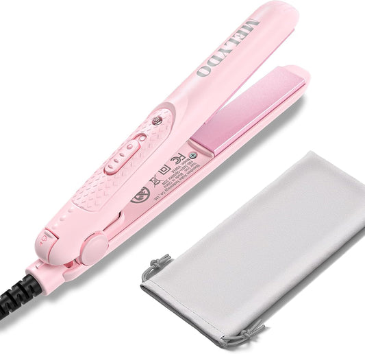 Mini Flat Iron for Travel, 0.7 Inch Small Hair Straightener for Short Hair & Bangs, Fast Heat Up 2-in-1 Straightening & Curling Iron, Dual Voltage Portable Mini Straightener with Pouch (Pink)