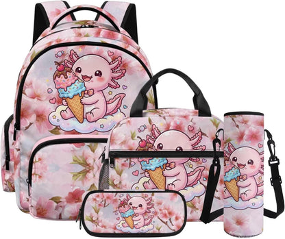 4 Pcs School Backpack Set Cherry Flower Pink Axolotl Print Elementary Student Bookbag 17 Inch Schoolbag with Lunch Box Pen Case Water Bottle Holder Bag for Outdoor