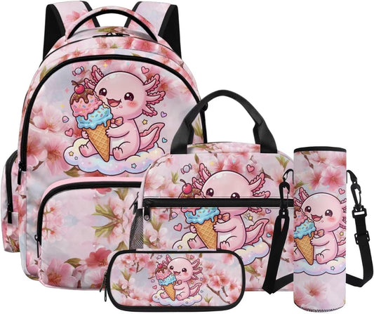 4 Pcs School Backpack Set Cherry Flower Pink Axolotl Print Elementary Student Bookbag 17 Inch Schoolbag with Lunch Box Pen Case Water Bottle Holder Bag for Outdoor