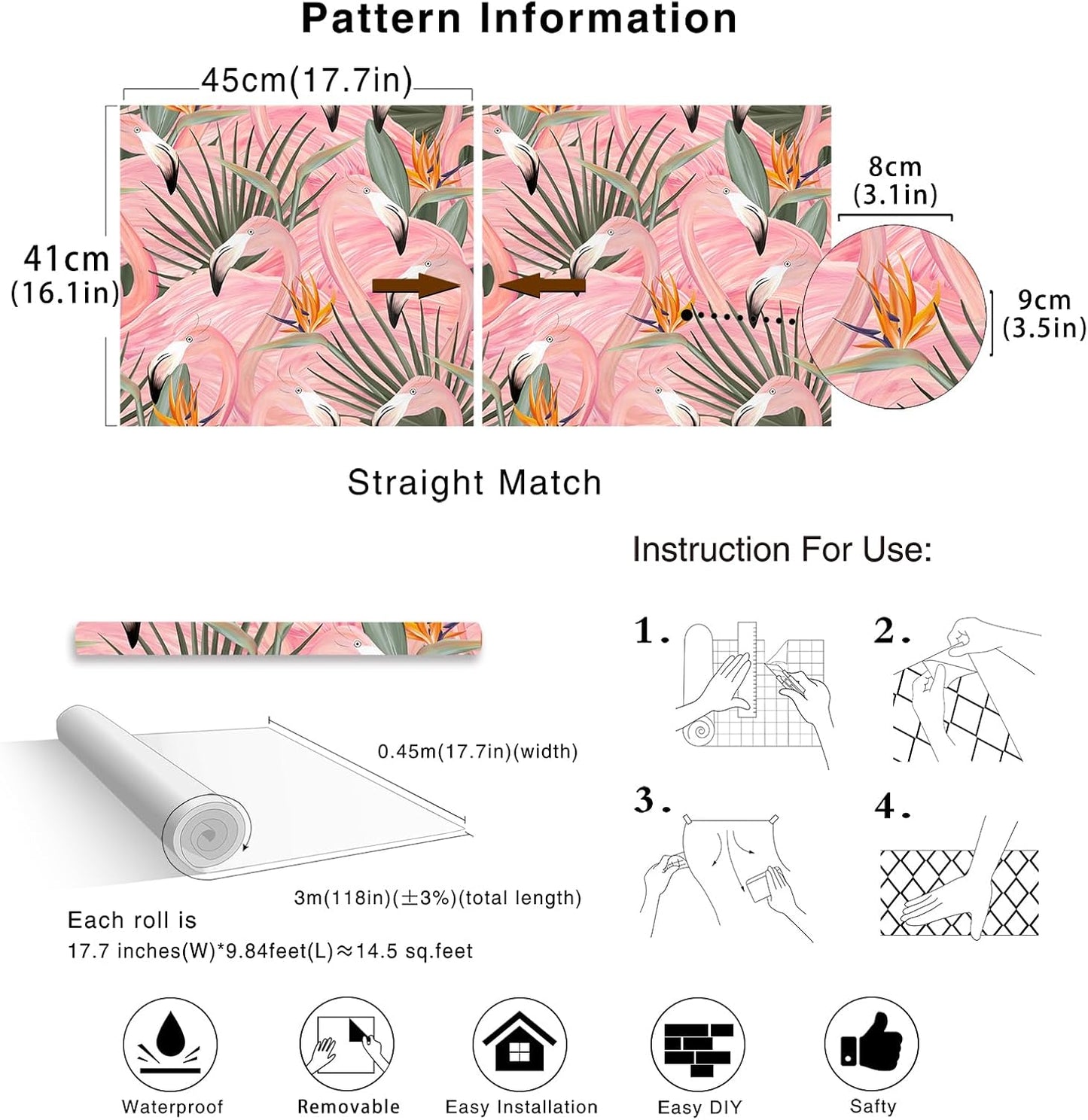 HAOKHOME Pink Wallpaper Peel and Stick Tropical Flamingos Removable Stick on Contact Paper for Bedroom Pink/Green/Orange 17.7in x 9.8ft