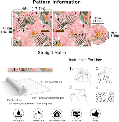 HAOKHOME Pink Wallpaper Peel and Stick Tropical Flamingos Removable Stick on Contact Paper for Bedroom Pink/Green/Orange 17.7in x 9.8ft