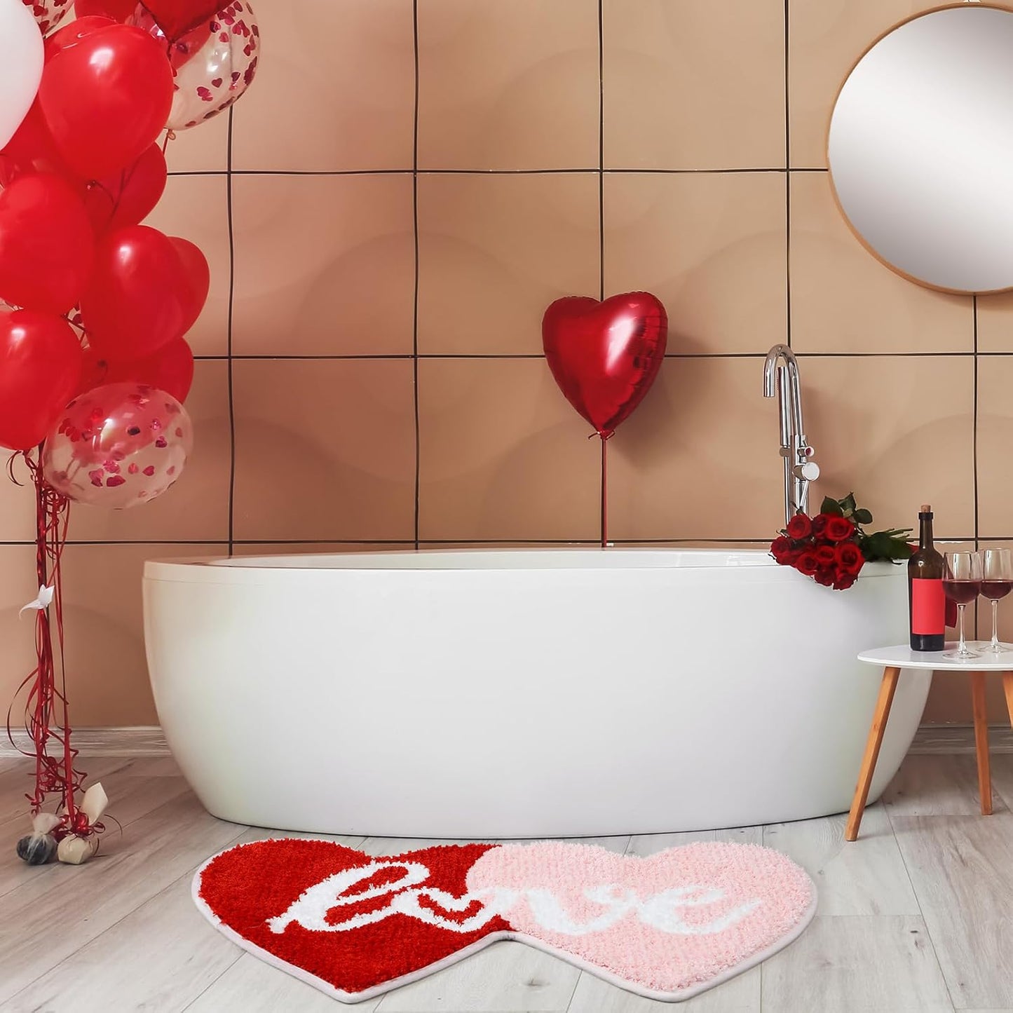 Hoolerry Valentine Heart Rug Double Heart Shaped Rug Decor Non Slip Bathroom Doormat Love Shag Shower Mat Bedroom Living Room Entrance Welcome Floor Decor 15.75 x 31.5 in(Red and Pink)
