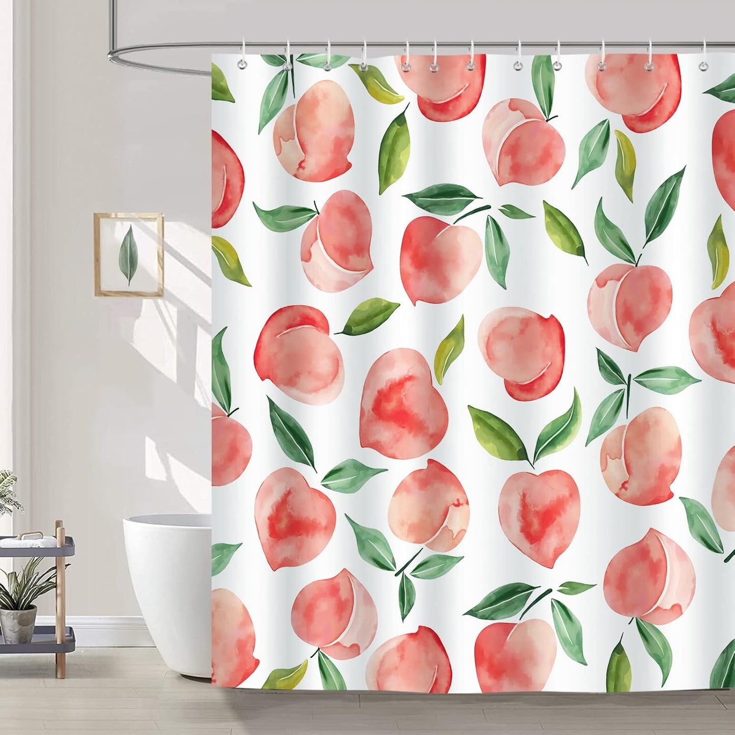 Bonhause Peach Shower Curtain, Allover Fruits Pink Peachy Bathroom Curtain 72x72 Inch Polyester Fabric Waterproof Bath Curtain with 12 Hooks