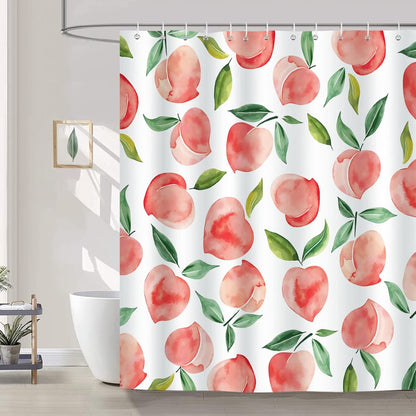 Bonhause Peach Shower Curtain, Allover Fruits Pink Peachy Bathroom Curtain 72x72 Inch Polyester Fabric Waterproof Bath Curtain with 12 Hooks