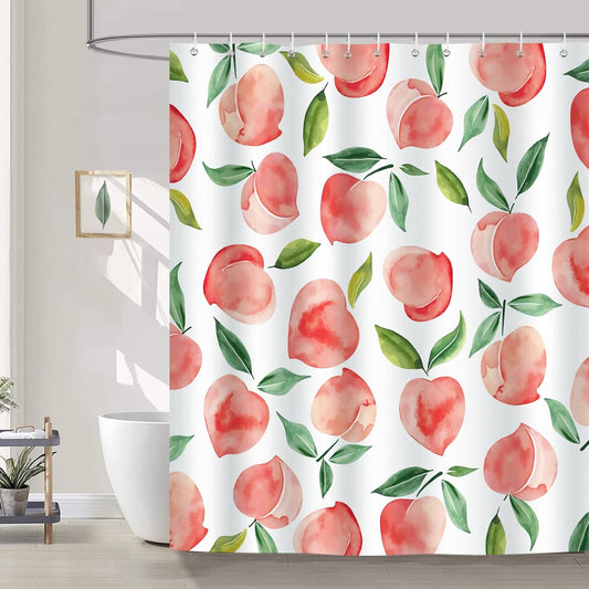 Bonhause Peach Shower Curtain, Allover Fruits Pink Peachy Bathroom Curtain 72x72 Inch Polyester Fabric Waterproof Bath Curtain with 12 Hooks