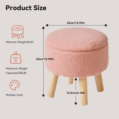 IBUYKE 13 Inch Foot Stool Ottoman with Storage, Round Small Foot Rest with Padded Seat and Wood Legs, Teddy Velvet Mini Footstool for Living Room Couch Bedroom Entryway, Pink WBD006P