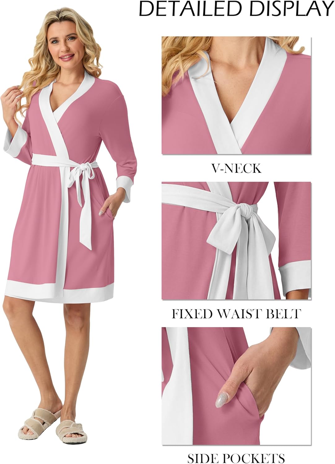 PrinStory Womens Robe Knit Kimono Bathrobe Lightweight Soft Sleepwear Knee Length Lounge Robes