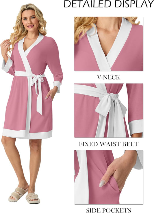 PrinStory Womens Robe Knit Kimono Bathrobe Lightweight Soft Sleepwear Knee Length Lounge Robes