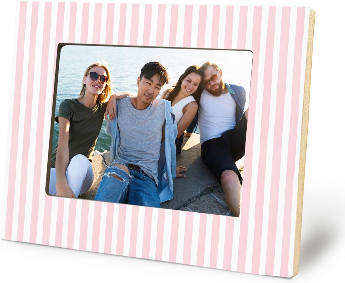 Pink and White Striped Picture Frame 5x7, Wedding Engagement Gifts for Newlyweds Couple Bride Groom Husband Wife, Minimalist Pink Photo Picture Frames for Desk Tabletop Wall Display Decorations
