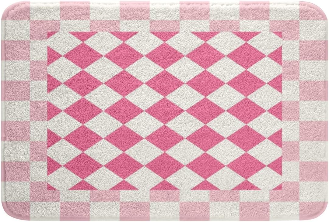 Feelyou Checkered Geometric Bathroom Rugs Pink Plaid Bath Mats Microfiber Checkerboard Modern Aesthetic Bathroom Accessories Pink Floor Doormats Non-Slip 16"x24" Soft