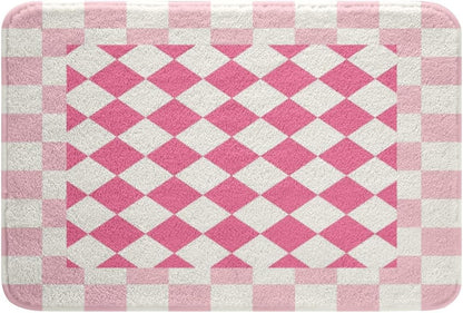 Feelyou Checkered Geometric Bathroom Rugs Pink Plaid Bath Mats Microfiber Checkerboard Modern Aesthetic Bathroom Accessories Pink Floor Doormats Non-Slip 16"x24" Soft