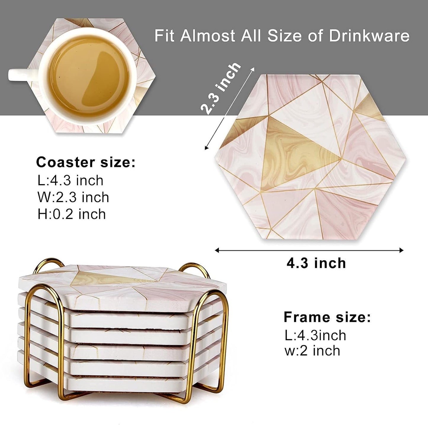 6 Pack Pink Marble Coasters with Holder Gold Absorbent Drink Unique Coaster Cute Ceramic Table Coaster Set Funny Kitchen Accessories Decorative Bar Coster Modern Coffee Table Decor Cup Coasters