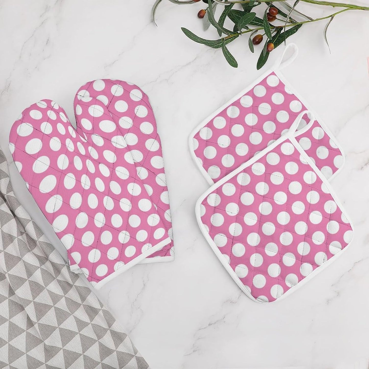 4PCS Oven Mitts and Pot Holders Sets, Light Pink White Polka Dot Oven Mitts Set Heat Resistant Kitchen Microwave Gloves Safe for Baking,Cooking, BBQ