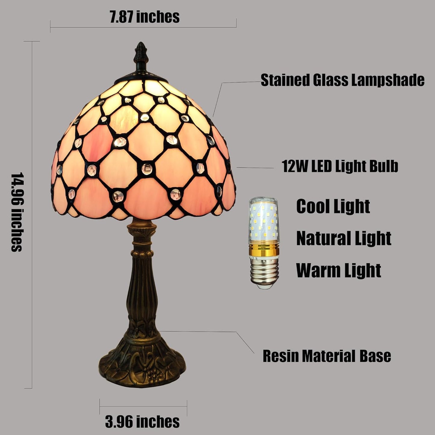 Tiffany Table Lamp 3-Way Light Handmade Bedside Lamp Small Desk Night Lamp Stained Glass Antique for Home Office Bedroom Living Room Study Room (Pink Pearls Style)