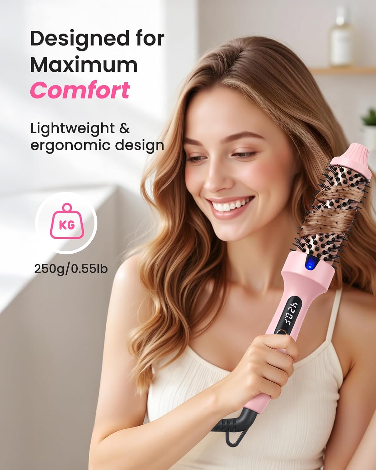 Thermal Brush, 1.5” Heated Round Brush for Dry Hair Styling, Smooths Frizz & Adds Shine, Blowout-Look Without Blow Dryer, Dual Voltage, 6 Heat Settings, Pink