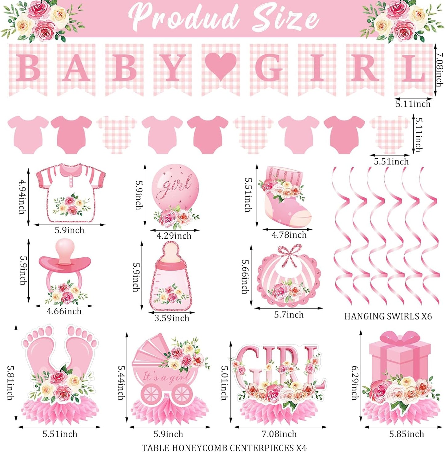 Mindsoft 14 Pcs Pink Girl Baby Shower Decorations Set with Gingham Garland Banner Honeycomb Centerpiece Hanging Swirls Pink Plaid Bowknot Foil Balloons for Birthday Baby Shower Reveal Party Supplies