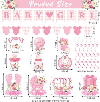 Mindsoft 14 Pcs Pink Girl Baby Shower Decorations Set with Gingham Garland Banner Honeycomb Centerpiece Hanging Swirls Pink Plaid Bowknot Foil Balloons for Birthday Baby Shower Reveal Party Supplies