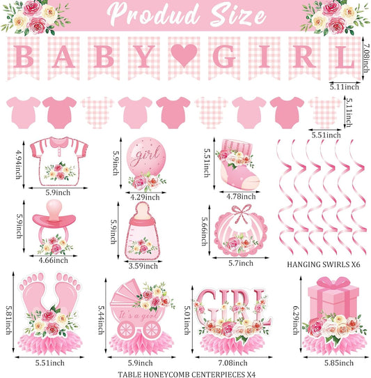 Mindsoft 14 Pcs Pink Girl Baby Shower Decorations Set with Gingham Garland Banner Honeycomb Centerpiece Hanging Swirls Pink Plaid Bowknot Foil Balloons for Birthday Baby Shower Reveal Party Supplies