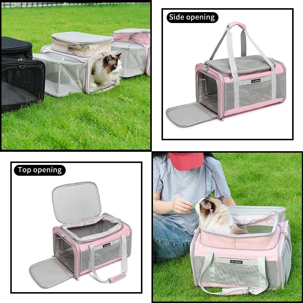Airline Approved Pet Carrier for Cats and Small Dogs up to 15 lbs, Breathable Mesh, Portable Travel Bag for Bearded Dragon, Puppies Animal Hangbag, Rabbit Cage (Pink, Expandable)