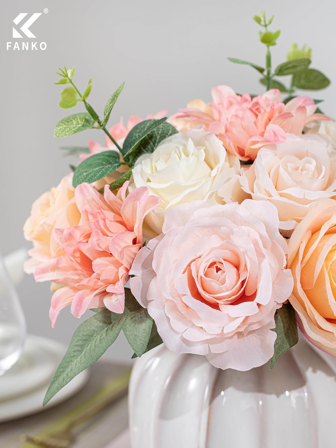FANKO Artificial Flowers for DIY, Cream Peach Blush Pink Faux Flowers Bouquet, Fake Rose Silk Flowers for Vase, Home Decor, Garland, Wedding, Birthday, Party, Romantic Celebration