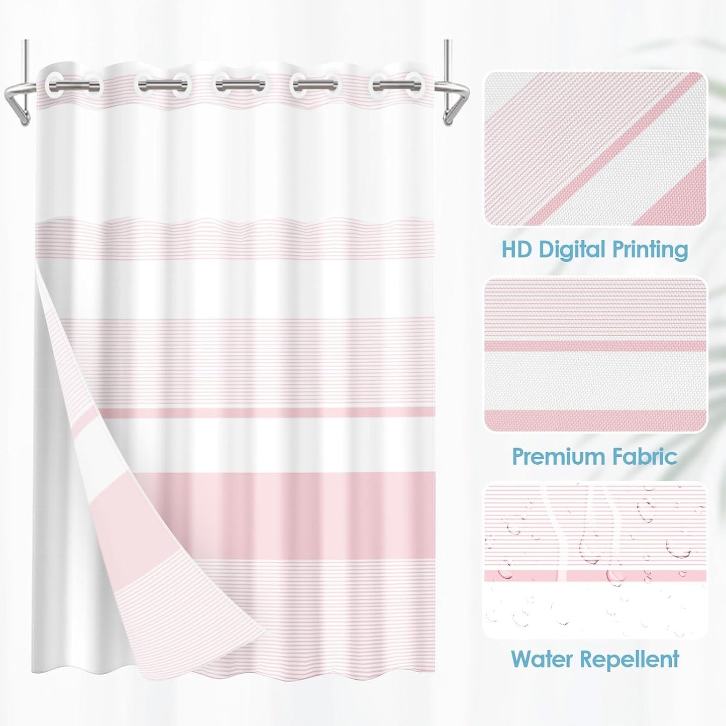 No Hook Pink Shower Curtain with Snap in Fabric Liner Set, Striped Modern Double Layers Waterproof Fabric with See Through Top Window Open Grommet Bath Curtain 71x74 Inch