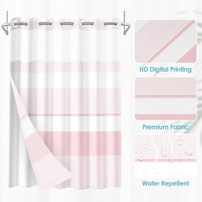 No Hook Pink Shower Curtain with Snap in Fabric Liner Set, Striped Modern Double Layers Waterproof Fabric with See Through Top Window Open Grommet Bath Curtain 71x74 Inch
