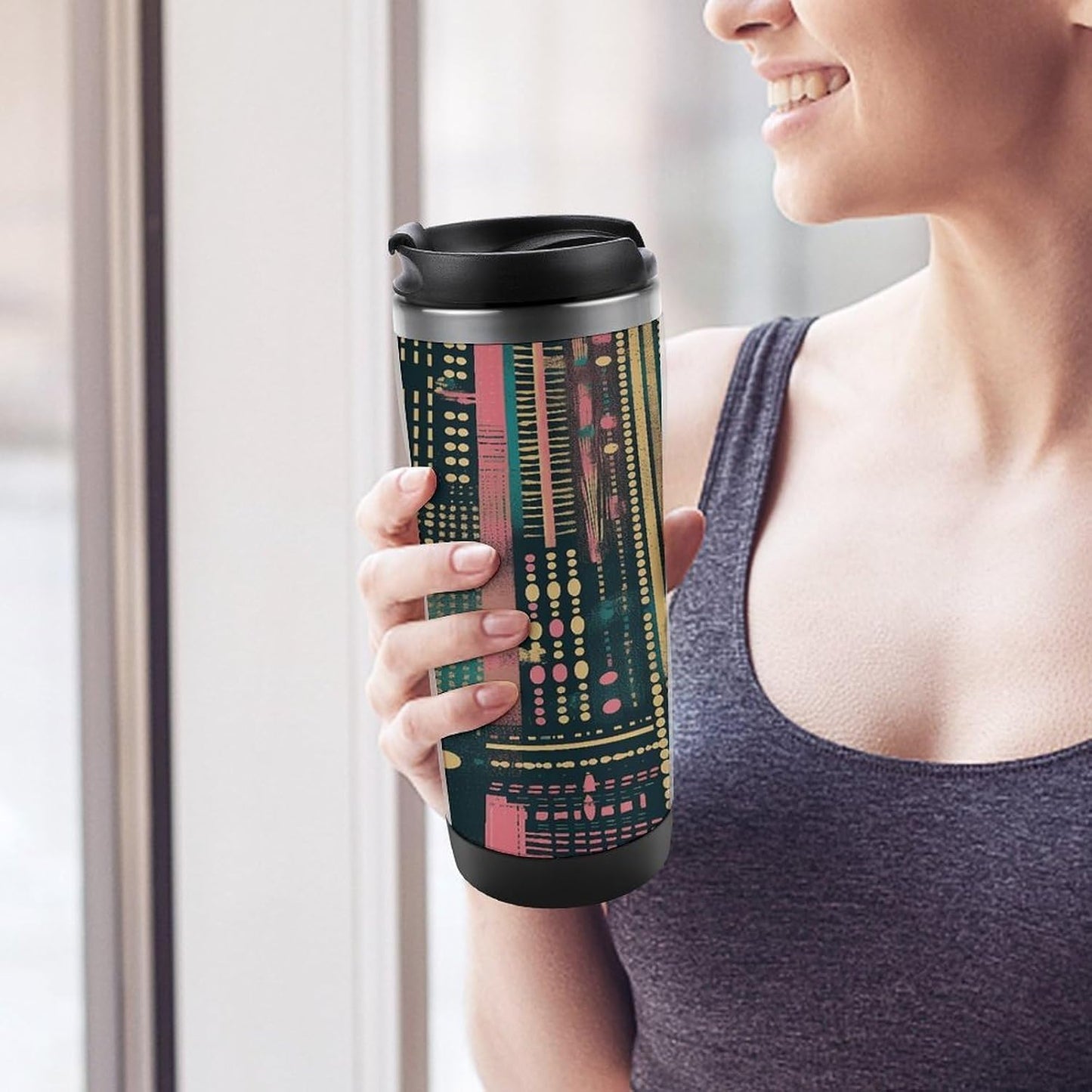 Peach Striped Pattern Stainless Steel Travel Mug, Leak-proof Reusable Thermal Coffee Cup with Lid for Hot & Cold Drinks, Insulated Tumbler for Commuting And Travel