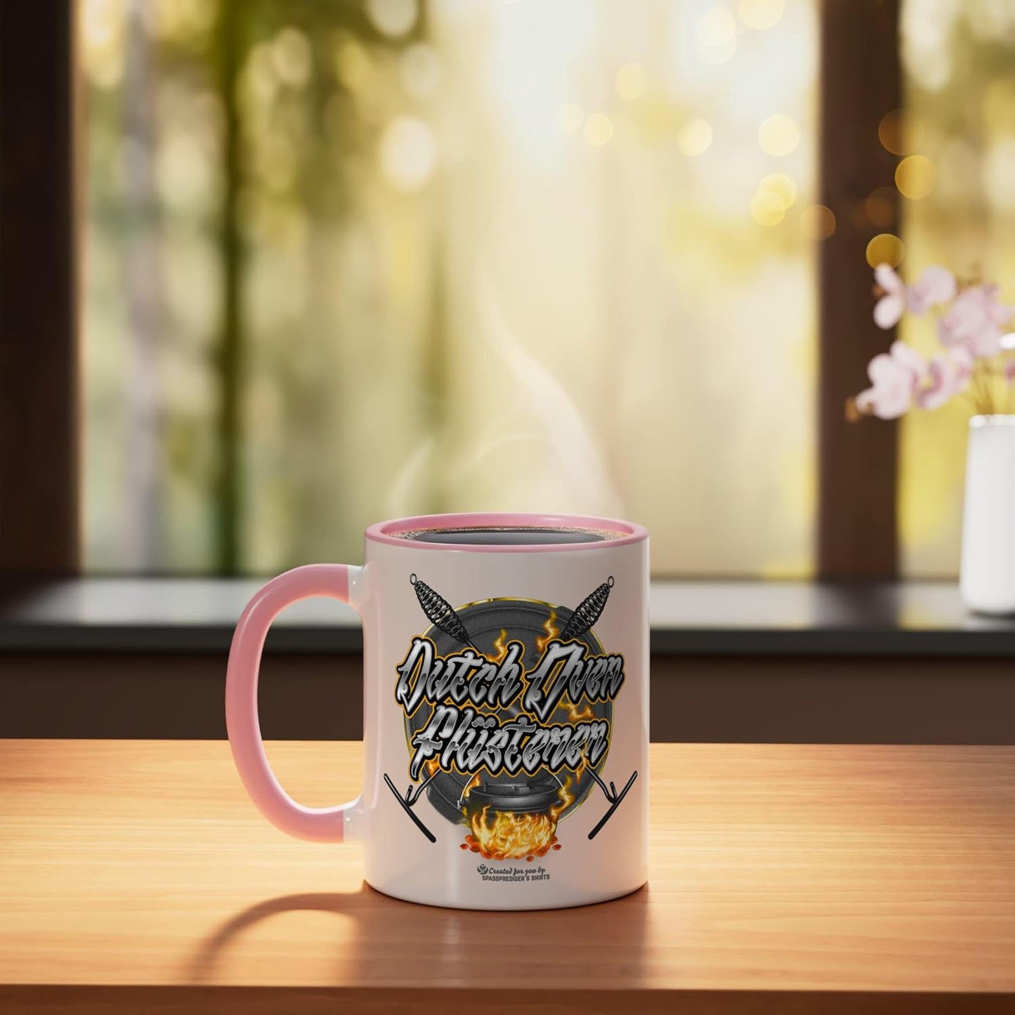 Dutch Oven Whisper Lid Lifter Flames Ceramic Mug, Pink/White